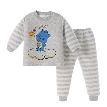 Детски памучен трислоен термобельо комплект, подплатен и дебел, кръгла яка, модел с животни/карикатури, есенно-зимно