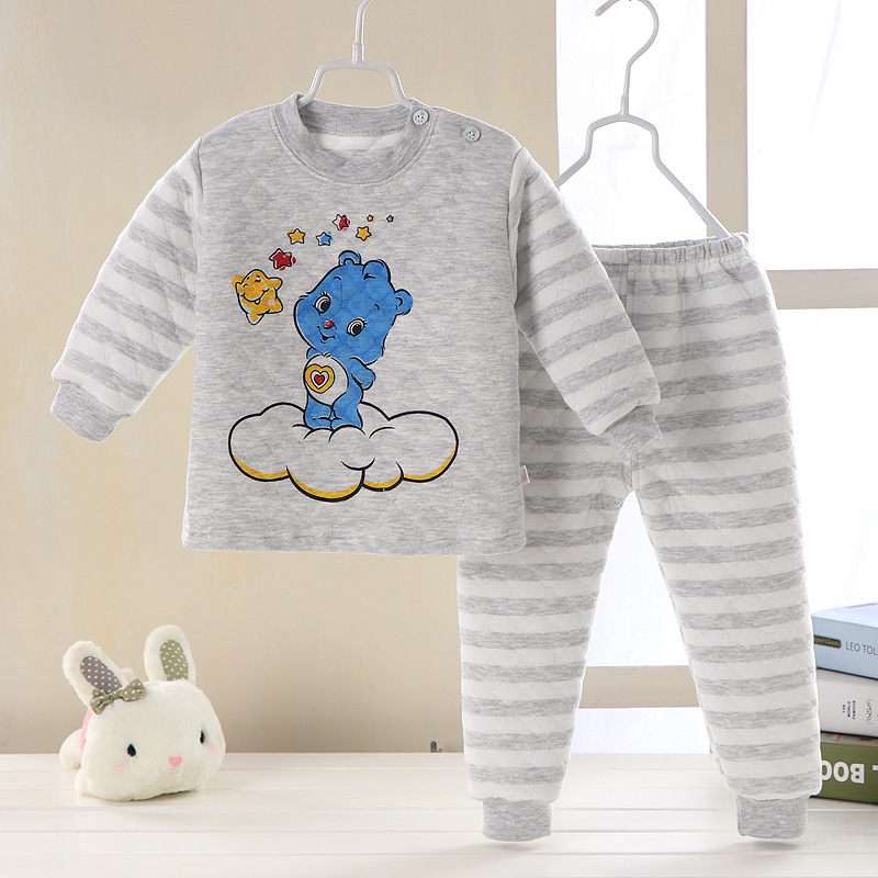 Детски памучен трислоен термобельо комплект, подплатен и дебел, кръгла яка, модел с животни/карикатури, есенно-зимно