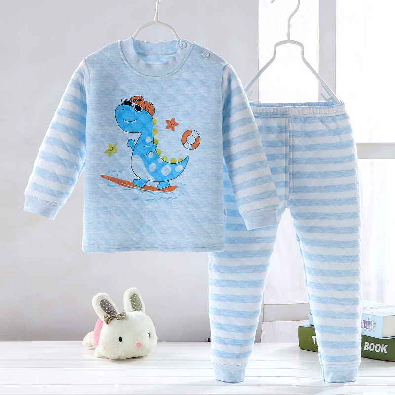 Детски памучен трислоен термобельо комплект, подплатен и дебел, кръгла яка, модел с животни/карикатури, есенно-зимно