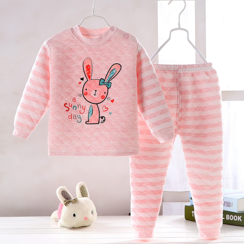 Детски памучен трислоен термобельо комплект, подплатен и дебел, кръгла яка, модел с животни/карикатури, есенно-зимно