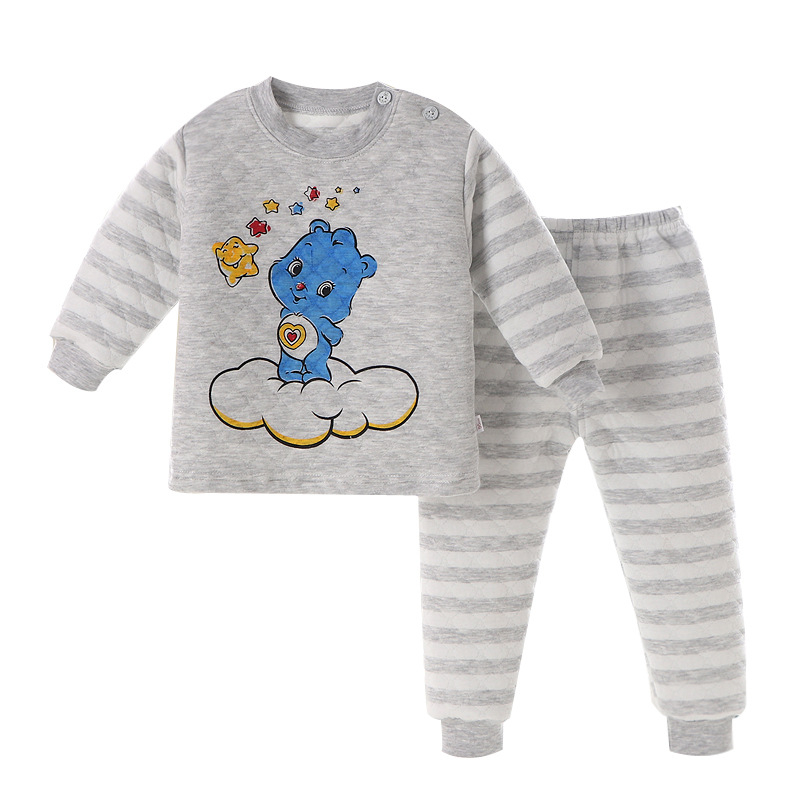 Детски памучен трислоен термобельо комплект, подплатен и дебел, кръгла яка, модел с животни/карикатури, есенно-зимно