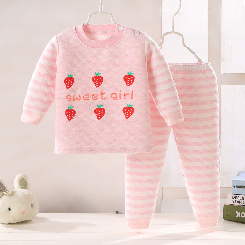 Детски памучен трислоен термобельо комплект, подплатен и дебел, кръгла яка, модел с животни/карикатури, есенно-зимно