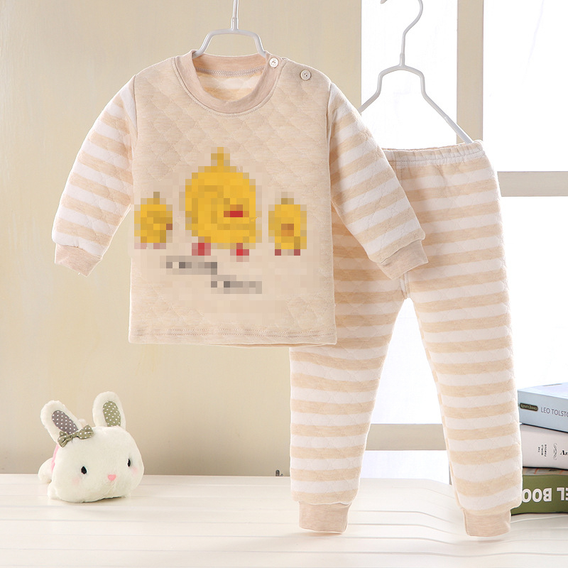 Детски памучен трислоен термобельо комплект, подплатен и дебел, кръгла яка, модел с животни/карикатури, есенно-зимно