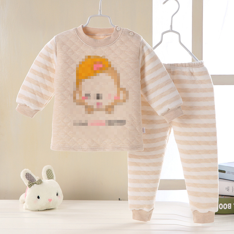 Детски памучен трислоен термобельо комплект, подплатен и дебел, кръгла яка, модел с животни/карикатури, есенно-зимно