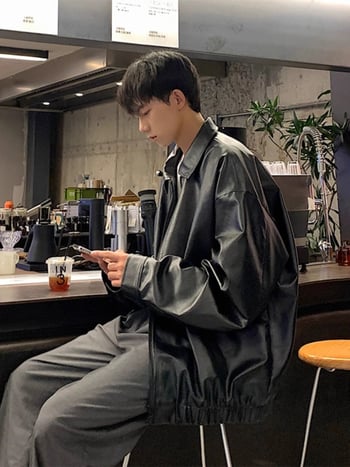 Muška PU kožna jakna u korejskom stilu – široka silueta, rever, zatvarač