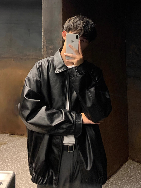 Muška PU kožna jakna u korejskom stilu – široka silueta, rever, zatvarač