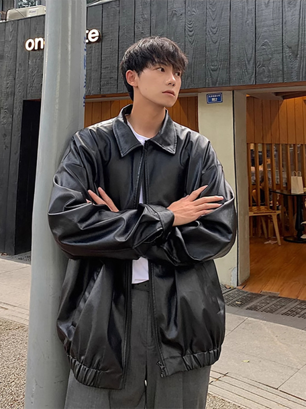 Muška PU kožna jakna u korejskom stilu – široka silueta, rever, zatvarač