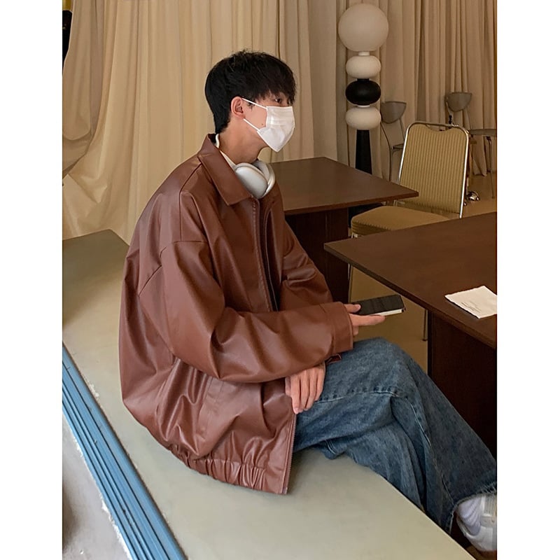Muška PU kožna jakna u korejskom stilu – široka silueta, rever, zatvarač