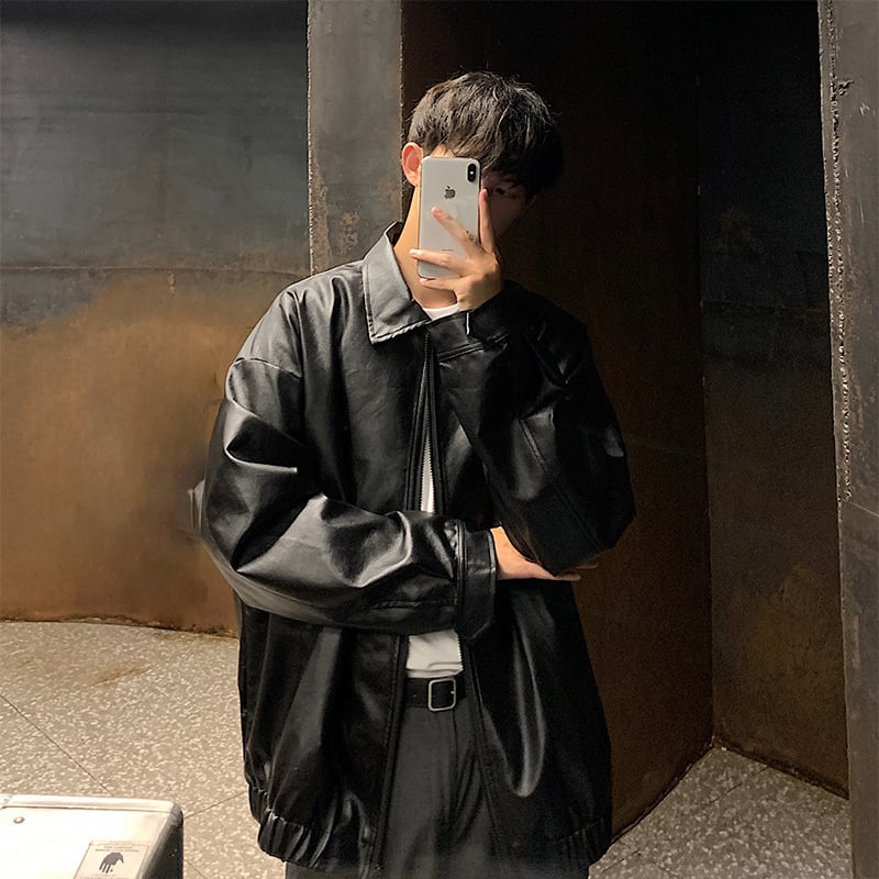 Muška PU kožna jakna u korejskom stilu – široka silueta, rever, zatvarač