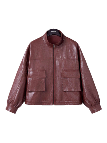 Moteriška dirbtinės odos striukė su stovimu kaklu, laisvas kirpimas, ilgomis rankovėmis, poliesterio pluoštas 70–80%, Pavasaris 2025