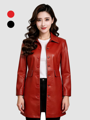 Moteriška PU odinė striukė - vidutinio ilgio, revero apykaklė, ilgomis rankovėmis, elegantiškas miesto stilius