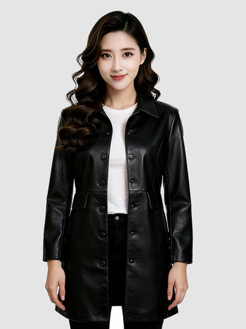 Moteriška PU odinė striukė - vidutinio ilgio, revero apykaklė, ilgomis rankovėmis, elegantiškas miesto stilius