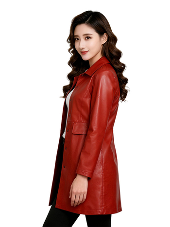 Moteriška PU odinė striukė - vidutinio ilgio, revero apykaklė, ilgomis rankovėmis, elegantiškas miesto stilius