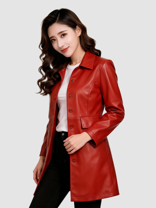 Moteriška PU odinė striukė - vidutinio ilgio, revero apykaklė, ilgomis rankovėmis, elegantiškas miesto stilius