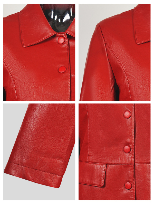 Moteriška PU odinė striukė - vidutinio ilgio, revero apykaklė, ilgomis rankovėmis, elegantiškas miesto stilius