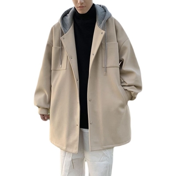 Pánsky vlnený kabát s kapucňou, stredná dĺžka, jednoradové zapínanie, voľný strih