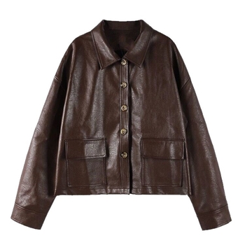 Кожено дамско яке – къс модел, квадратна яка, мотоциклетен стил, свободна кройка, цип