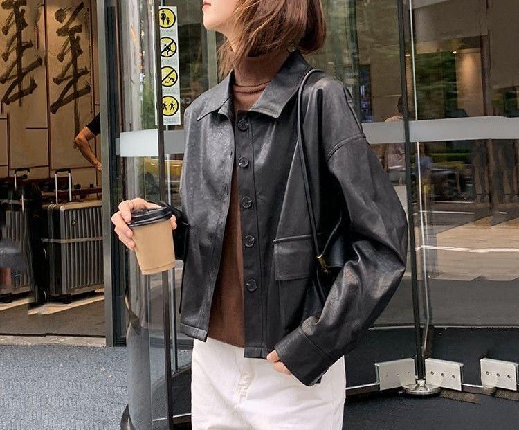 Кожено дамско яке – къс модел, квадратна яка, мотоциклетен стил, свободна кройка, цип