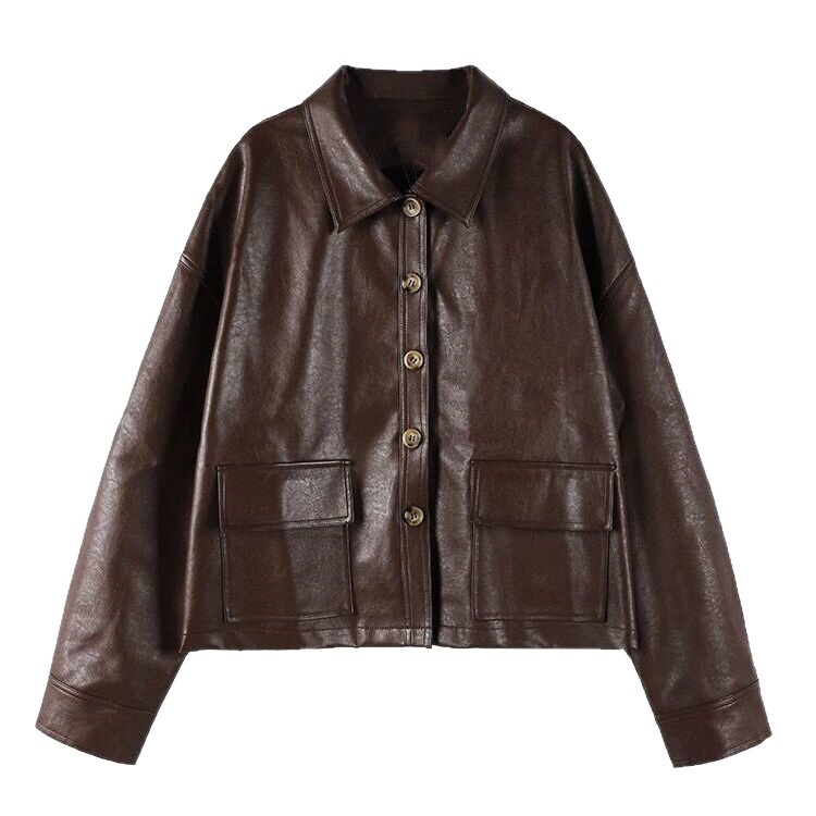 Кожено дамско яке – къс модел, квадратна яка, мотоциклетен стил, свободна кройка, цип