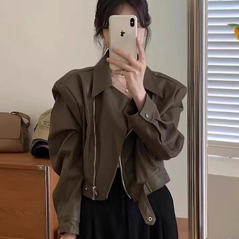 Дамско PU кожено късо яке в винтидж стил, свободен силует, дълъг ръкав, цип, яка тип лапел, есен 2025