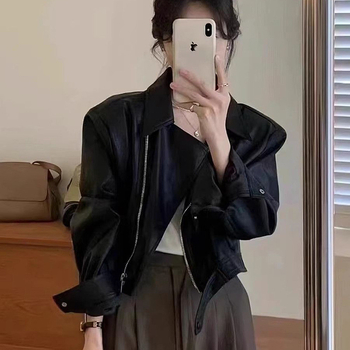 Дамско PU кожено късо яке в винтидж стил, свободен силует, дълъг ръкав, цип, яка тип лапел, есен 2025