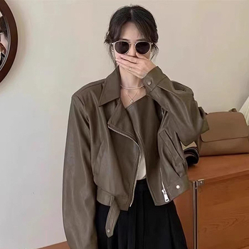 Дамско PU кожено късо яке в винтидж стил, свободен силует, дълъг ръкав, цип, яка тип лапел, есен 2025