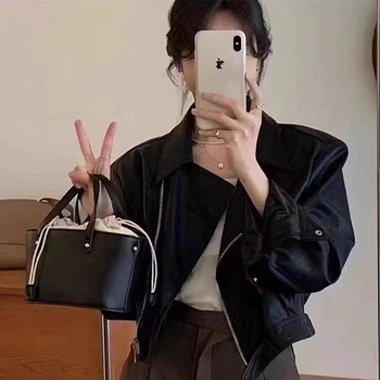 Дамско PU кожено късо яке в винтидж стил, свободен силует, дълъг ръкав, цип, яка тип лапел, есен 2025