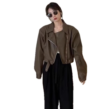Дамско PU кожено късо яке в винтидж стил, свободен силует, дълъг ръкав, цип, яка тип лапел, есен 2025