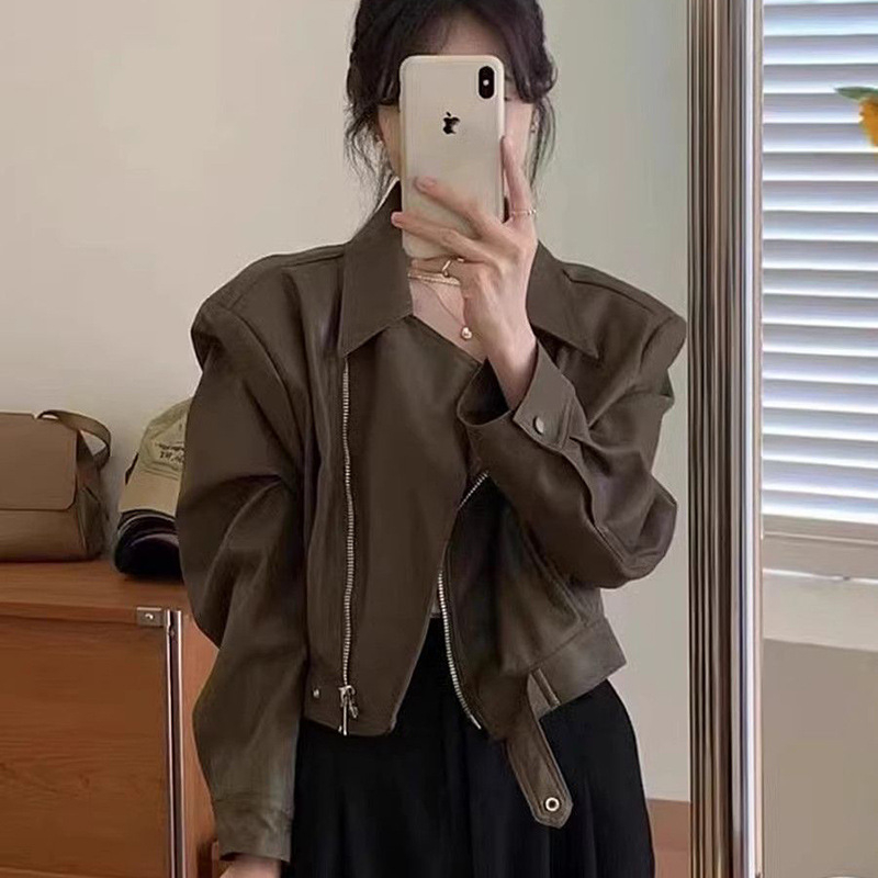 Дамско PU кожено късо яке в винтидж стил, свободен силует, дълъг ръкав, цип, яка тип лапел, есен 2025