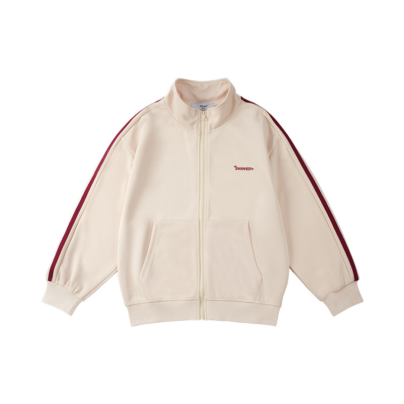 Set sport pentru copii, două piese, unisex, jachetă cu fermoar și pantaloni, mâneci lungi, material poliester cu finisaj moale, model cu dungi și litere.