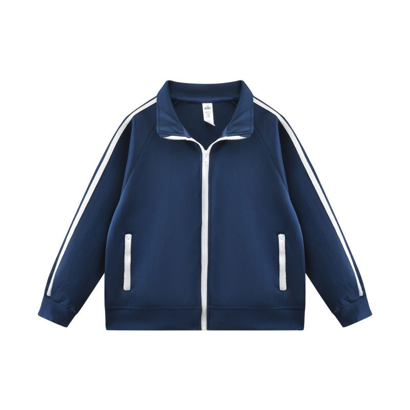 Set sport pentru copii, două piese, unisex, jachetă cu fermoar și pantaloni, mâneci lungi, material poliester cu finisaj moale, model cu dungi și litere.