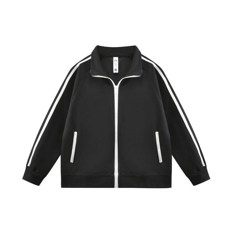 Set sport pentru copii, două piese, unisex, jachetă cu fermoar și pantaloni, mâneci lungi, material poliester cu finisaj moale, model cu dungi și litere.