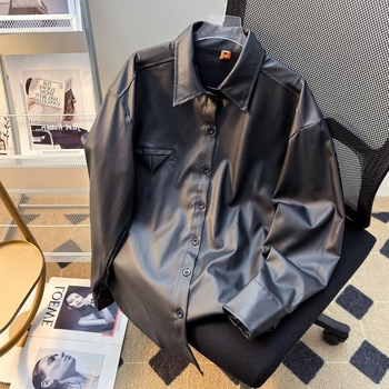 PU odinė striukė, korėjietiškas stilius, apykaklė su reversu, vienos eilės užsegimas, laisvas kirpimas