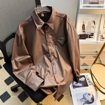 PU odinė striukė, korėjietiškas stilius, apykaklė su reversu, vienos eilės užsegimas, laisvas kirpimas