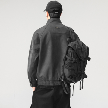 Vyrinė PU odos vintažinė striukė su siuvinėjimu, užtrauktukas, šoninės kišenės