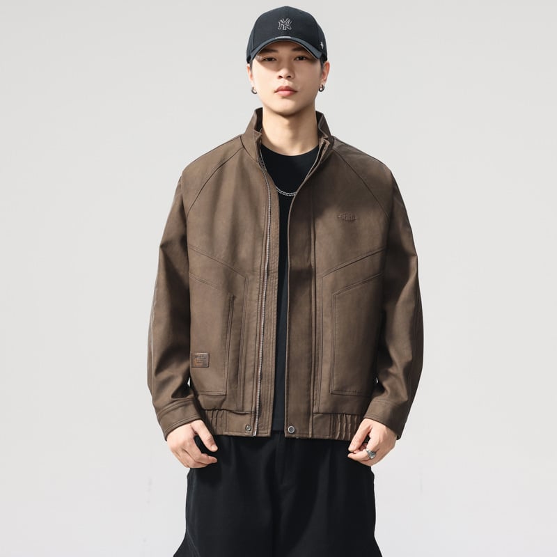 Vyrinė PU odos vintažinė striukė su siuvinėjimu, užtrauktukas, šoninės kišenės