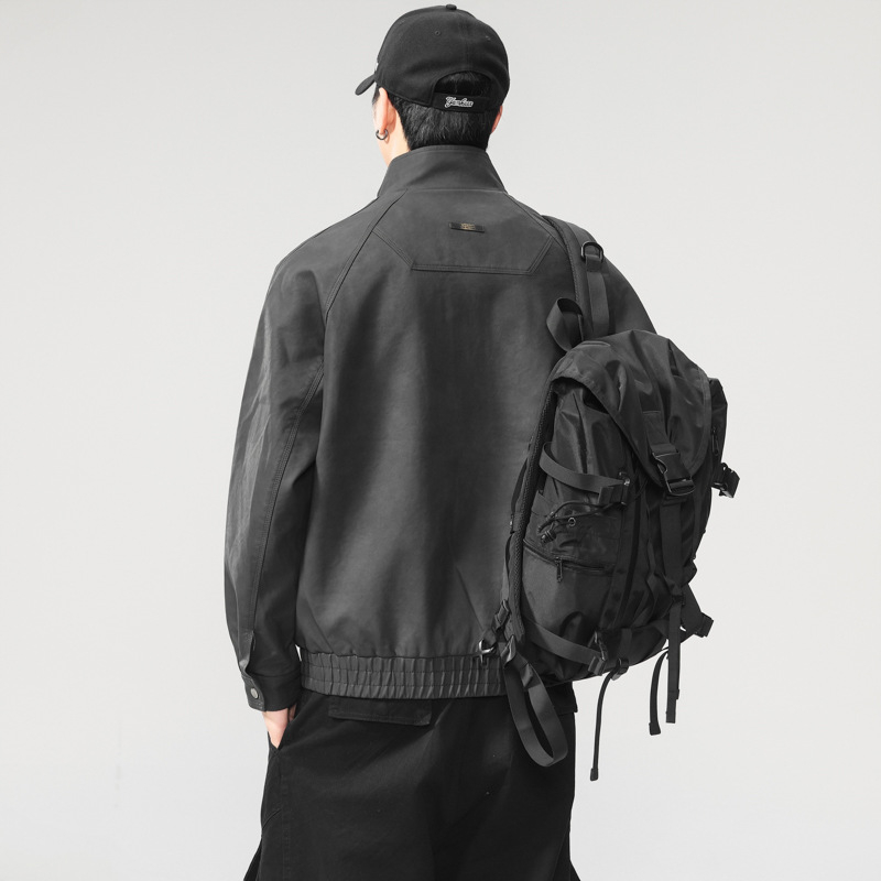 Vyrinė PU odos vintažinė striukė su siuvinėjimu, užtrauktukas, šoninės kišenės