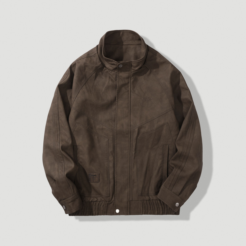 Vyrinė PU odos vintažinė striukė su siuvinėjimu, užtrauktukas, šoninės kišenės