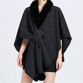 Cardigan tricotat pentru femei, guler din blană artificială de iepure, exterior poliester warp-knit, lungime standard, cald