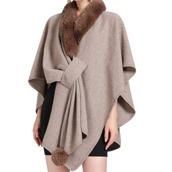 Cardigan tricotat pentru femei, guler din blană artificială de iepure, exterior poliester warp-knit, lungime standard, cald