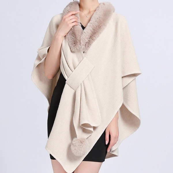 Cardigan tricotat pentru femei, guler din blană artificială de iepure, exterior poliester warp-knit, lungime standard, cald