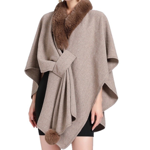 Cardigan tricotat pentru femei, guler din blană artificială de iepure, exterior poliester warp-knit, lungime standard, cald