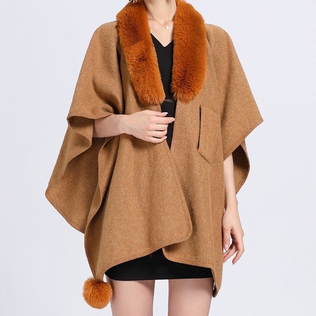 Cardigan tricotat pentru femei, guler din blană artificială de iepure, exterior poliester warp-knit, lungime standard, cald