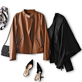 Женско кожено яке от агнешка кожа, градски стил, със стояща яка и цип