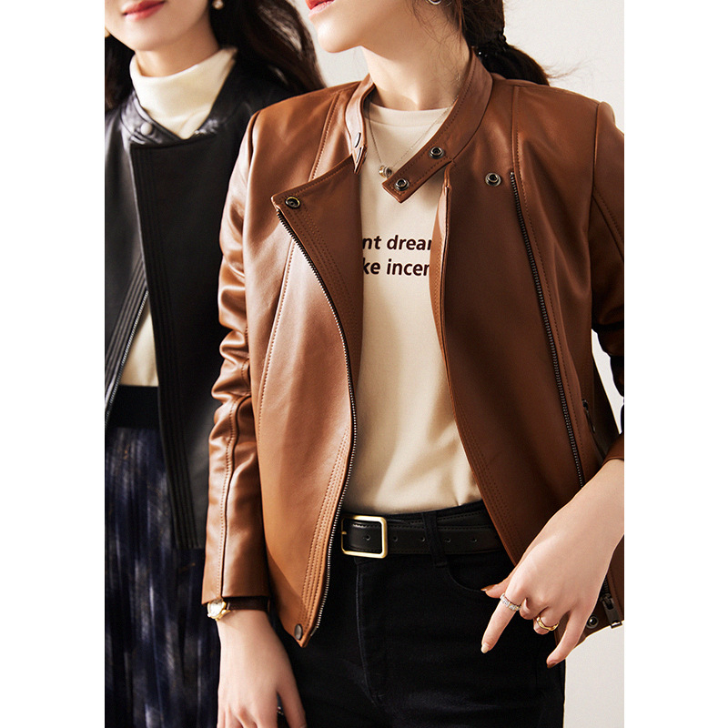 Женско кожено яке от агнешка кожа, градски стил, със стояща яка и цип