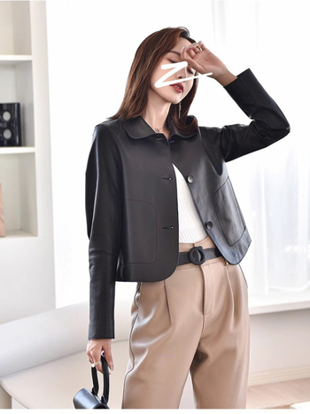 Дамско кожено яке от естествена козья кожа, с яка тип лапел, дълги ръкави, стандартна дължина 50–65 см, есен 2024