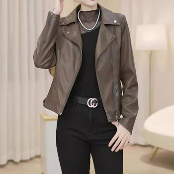 Женско PU кожено късо яке с лапел яка, тънък силует, дълги ръкави, цип, есен 2024