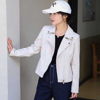 Женско PU кожено късо яке с лапел яка, тънък силует, дълги ръкави, цип, есен 2024