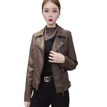 Женско PU кожено късо яке с лапел яка, тънък силует, дълги ръкави, цип, есен 2024