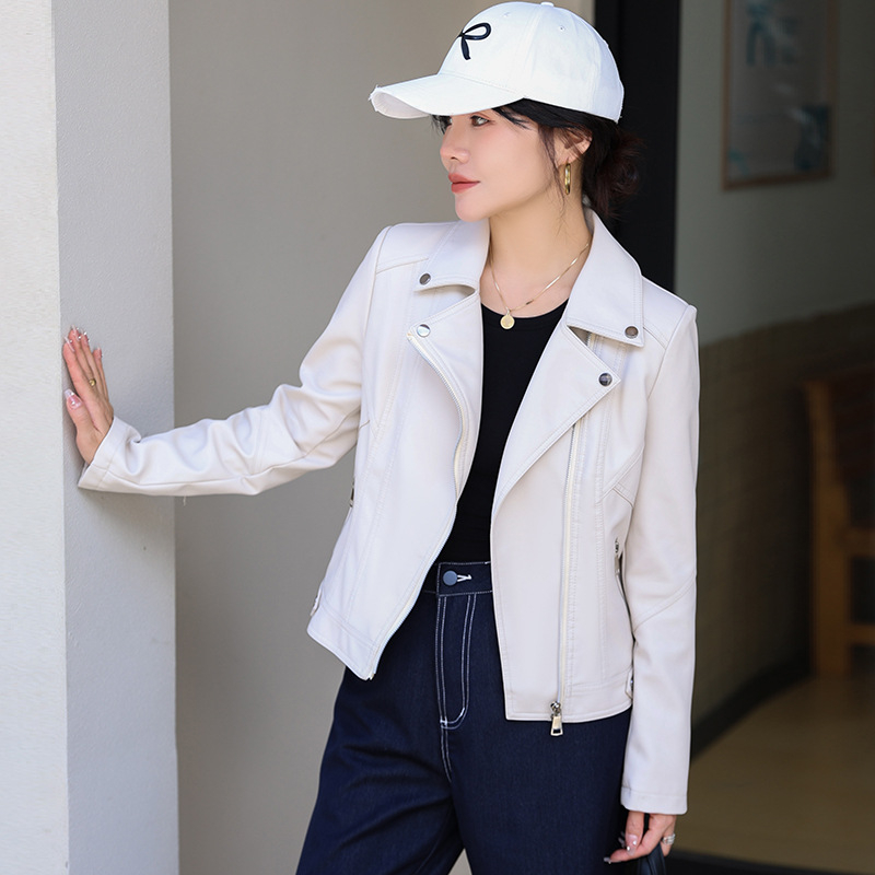 Женско PU кожено късо яке с лапел яка, тънък силует, дълги ръкави, цип, есен 2024